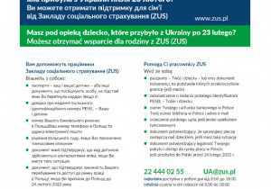 ZUS - ulotka informacyjna dla obywateli Ukrainy ubiegających się o 500+, w języku polskim i ukraińskim